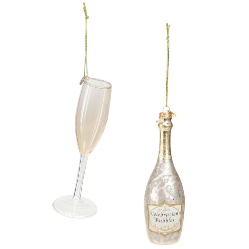 Product Champagne bottle and glass, tree decorations, anniversary, glass decorations to hang, New Year&#39;s Eve H14.5cm real glass set of 2
