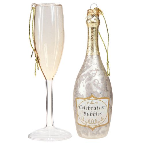 Product Champagne bottle and glass, tree decorations, anniversary, glass decorations to hang, New Year's Eve H14.5cm real glass set of 2
