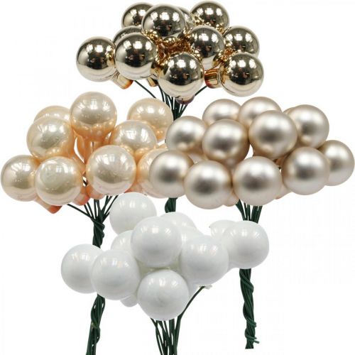 Mini Christmas balls on wire gold, cream Ø1.5cm 140p