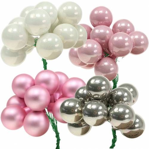 Floristik24 Mini Christmas ball on wire 40mm pink, silver, white 36pcs