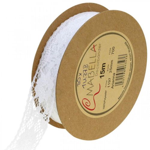 Floristik24 Lace ribbon white, wedding decoration, decorative ribbon flower pattern W25mm L15m