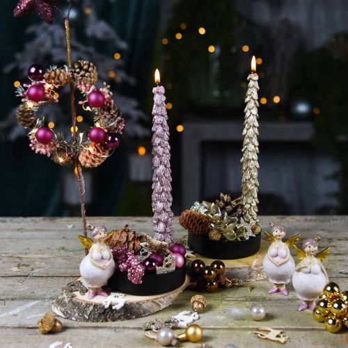 Floristik24 Pointed candles fir pink metallic 30mm × 260mm 2pcs