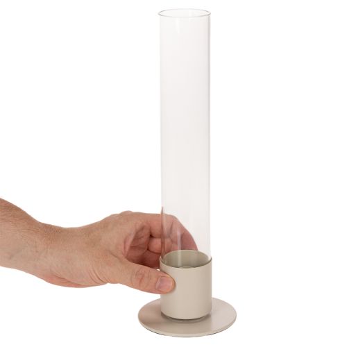 Modern Taper Candle Holder with Glass Cylinder and Base in Taupe, 31cm | Floristik24.co.uk