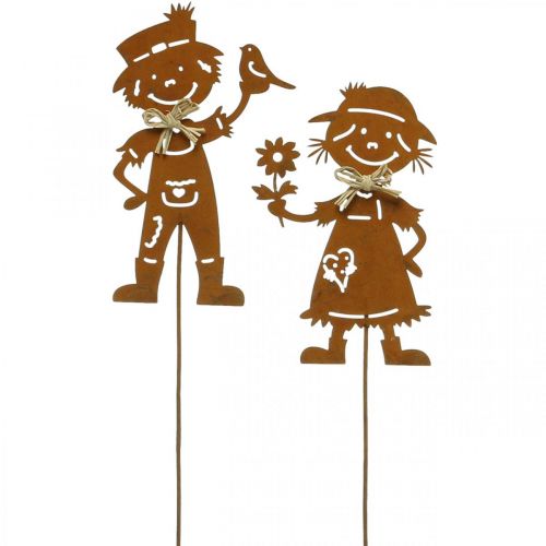 Garden stakes rust look garden decoration girl and boy 4pcs