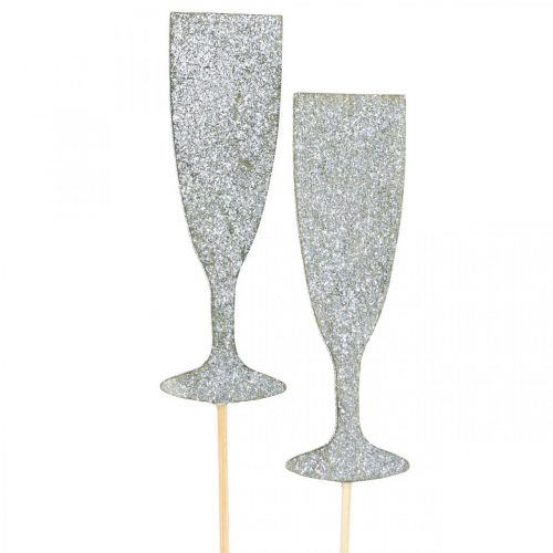 Product New Year&#39;s Eve decoration champagne glass silver flower plug 9 cm 18 pcs