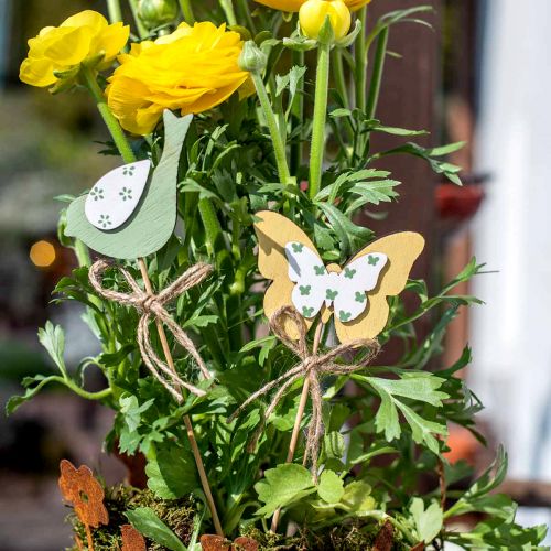 Product Plug bird butterfly, wood decoration, plant plug spring decoration green, yellow L24/25cm 12pcs