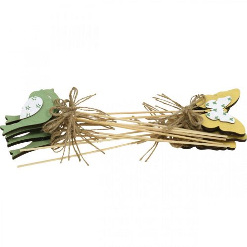 Product Plug bird butterfly, wood decoration, plant plug spring decoration green, yellow L24/25cm 12pcs