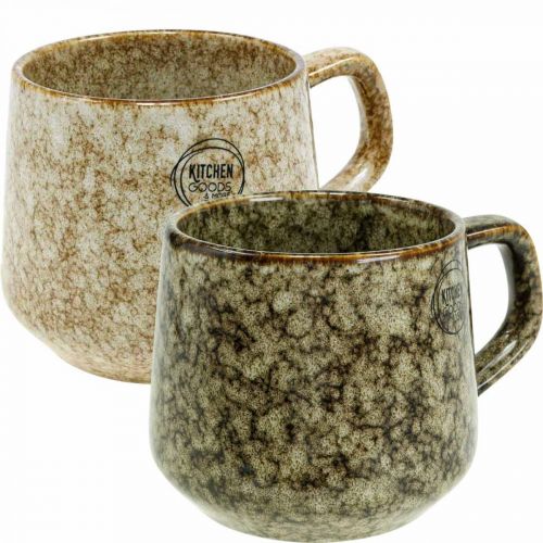 Stoneware cup mug with handle brown, beige 9.5cm 2pcs