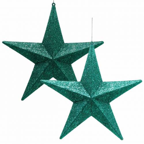 Floristik24 Glitter stars to hang emerald / petrol Ø21cm 2pcs