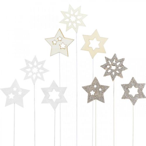 Flower plug stars, Advent, flower decoration, wooden stars natural, white, gold glitter L27 / 28.5cm 18pcs