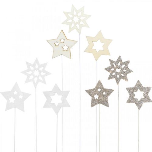 Floristik24 Flower stick stars, Advent, flower decoration, wooden stars natural, white, gold glitter L27/28.5cm 18 pcs