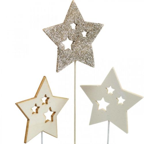 Product Flower plug stars, Advent, flower decoration, wooden stars natural, white, gold glitter L27 / 28.5cm 18pcs