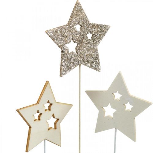 Floristik24 Flower stick stars, Advent, flower decoration, wooden stars natural, white, gold glitter L27/28.5cm 18 pcs
