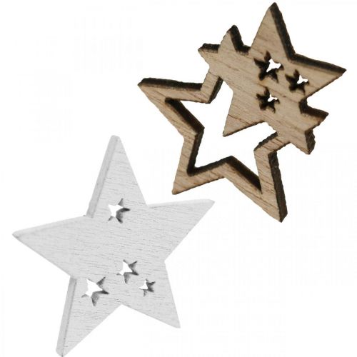 Floristik24 Scatter decoration star wood natural, white table decoration 3cm mix 72 pcs