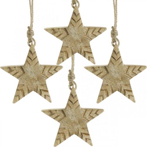 Product Star mango wood nature, golden Christmas tree decorations 12cm 4pcs