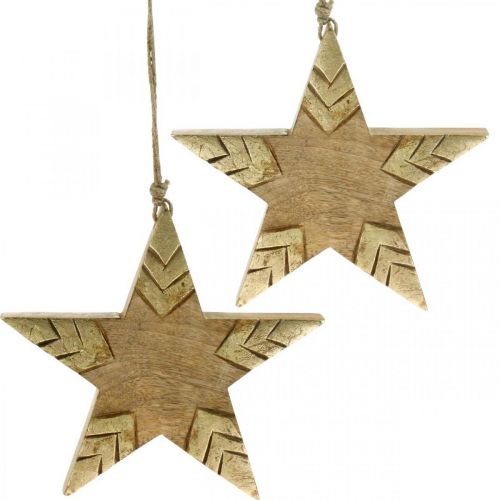 Star mango wood natural, golden wooden star large to hang 25cm 2pcs
