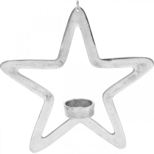 Decorative star tealight holder metal for hanging silver 24cm