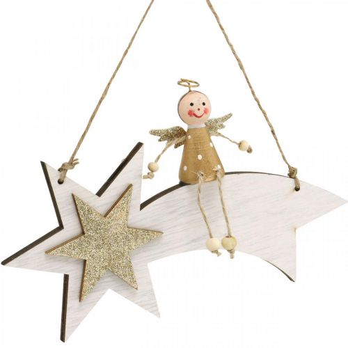 Product Angel on shooting star, Christmas decoration to hang, Advent White, Golden H13cm W21.5cm 2pcs