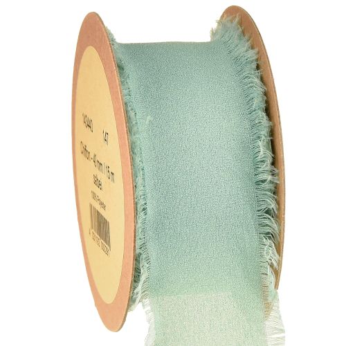 Fabric ribbon decorative ribbon with fringes sage green 40mm 15m
