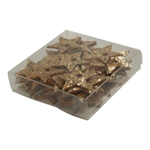 Product Scatter decoration Christmas wooden stars natural gold glitter 5 cm 72 pcs