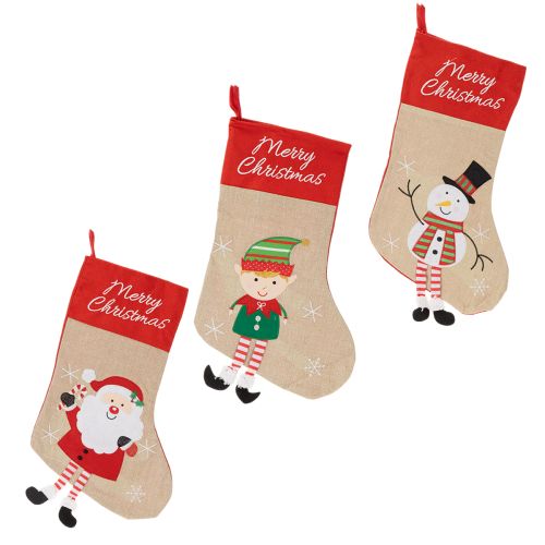 Set of 3 Christmas Stockings with Santa, Snowman, and Elf Designs, 50cm, Red and Beige Fabric