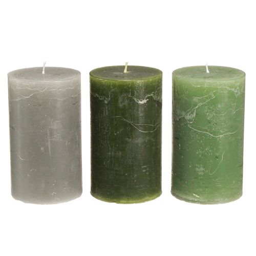 Product Pillar candles dyed 3 colours green 70×120mm 12 pcs