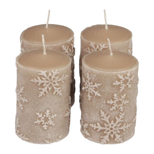 Pillar candles beige candles snowflakes 100/65mm 4pcs