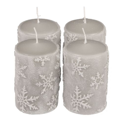 Floristik24 Pillar candles gray candles snowflakes 100/65mm 4pcs