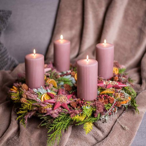 Product Pillar candles antique pink grooved candle 70/130mm 4pcs