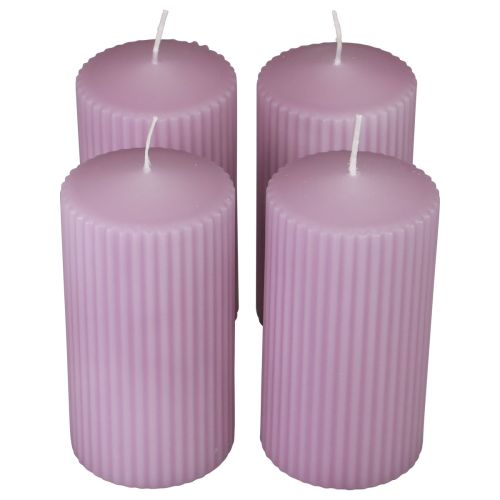 Product Pillar candles lilac grooved candles decoration 70/130mm 4pcs