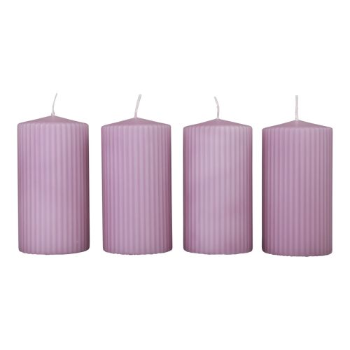 Product Pillar candles lilac grooved candles decoration 70/130mm 4pcs