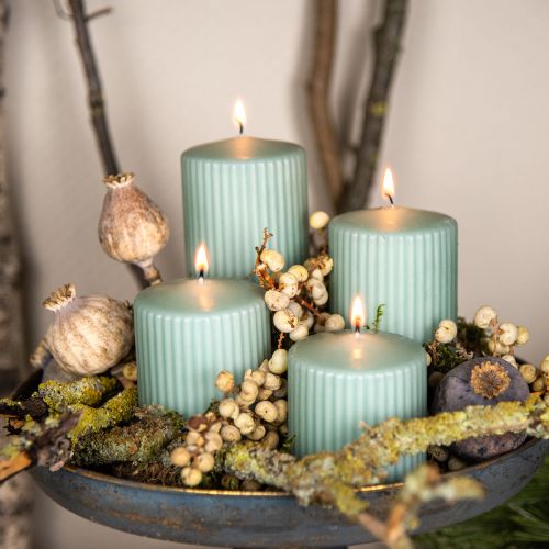 Product Pillar candles green emerald grooved candles 70/90mm 4pcs