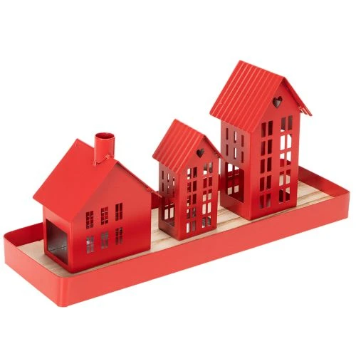 Red Metal Candleholder Houses with Tray, 35cm, 1 Set