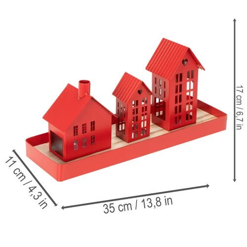 Red Metal Candleholder Houses with Tray, 35cm, 1 Set | Floristik24.co.uk