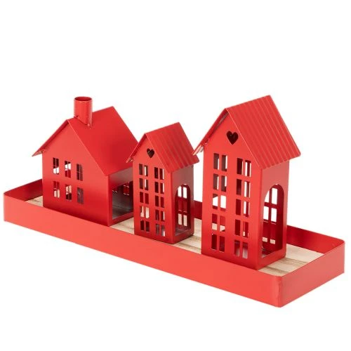 Red Metal Candleholder Houses with Tray, 35cm, 1 Set | Floristik24.co.uk