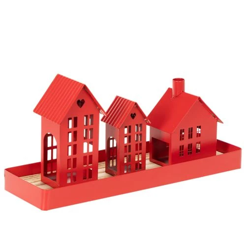 Red Metal Candleholder Houses with Tray, 35cm, 1 Set | Floristik24.co.uk