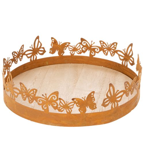 Tray with butterflies, spring, table decoration, metal decoration, rusted finish, Ø20cm H6.5cm buy online | Floristik24.co.uk