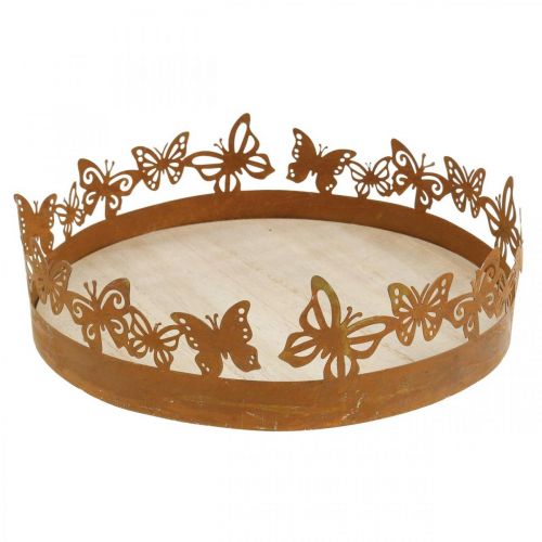 Tray with butterflies, spring, table decorations, metal decoration patina Ø20cm H6.5cm