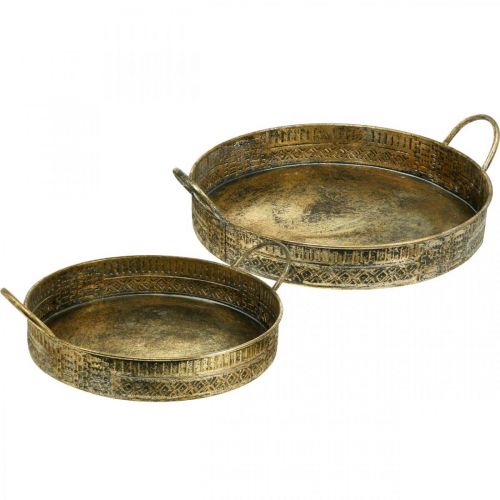 Floristik24 Decorative bowl with handles, patterned plant tray, golden metal vessel, antique look W45.5/42cm Ø39.5/34cm set of 2