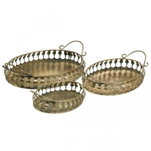 Metal bowl with handles, decorative tray set golden antique look L39 / 33.5 / 28.5cm set of 3