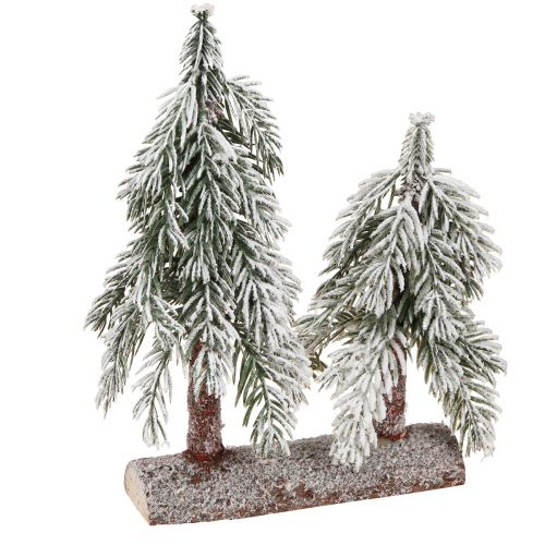 Product Christmas tree decoration green white winter on wooden base H28cm