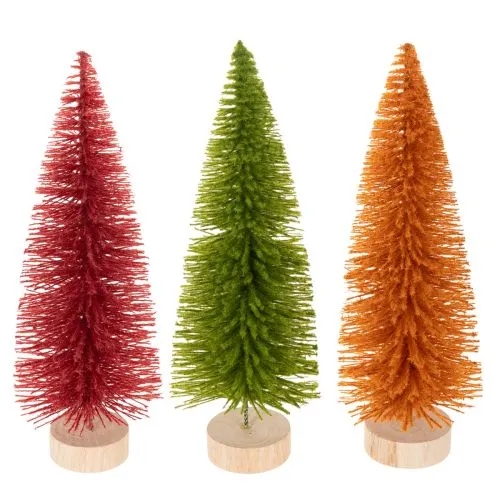 Product Artificial Pine Trees Set for Table Decoration, 31cm, Green, Red, and Orange, Indoor Use, 3 Pieces