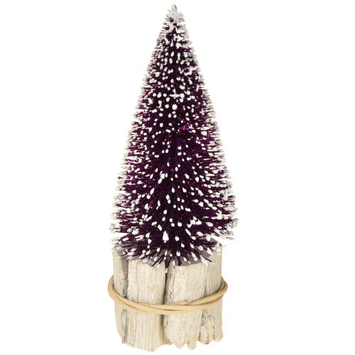 Decorative Christmas tree in purple with snow tip on a rustic wooden base 15cm 3 pieces.
