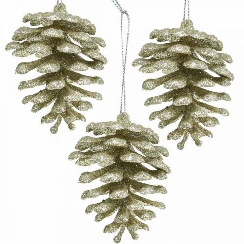 Christmas tree ornaments deco cones glitter champagne H7cm 6pcs