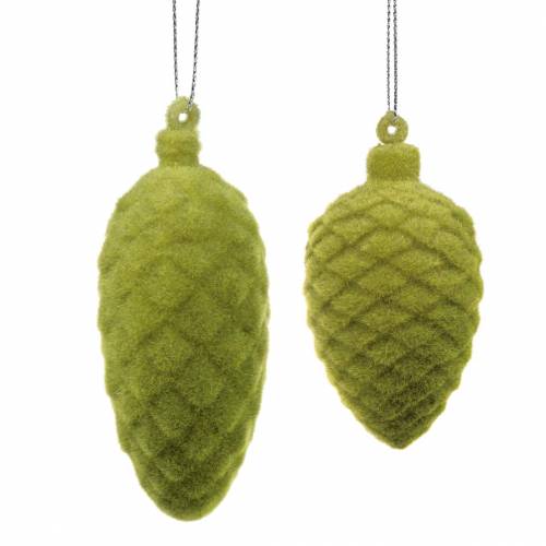 Product Decorative cones flocked moss green 9.5cm / 8cm 12pcs