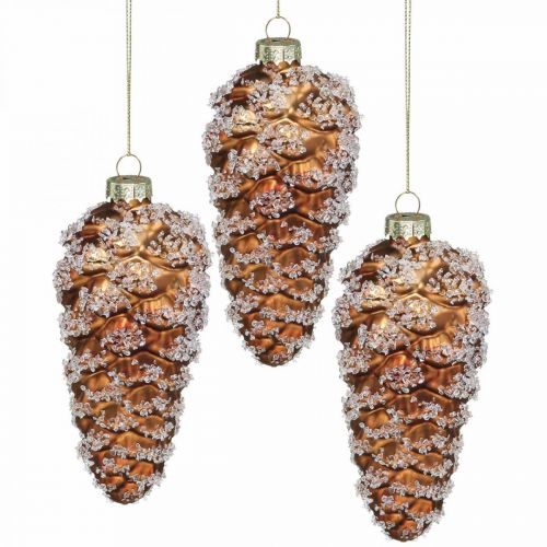 Floristik24 Pine cones with snow, Christmas decorations, Christmas tree decorations Brown H13cm Ø6cm Real glass 3pcs