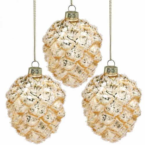 Floristik24 Cones for hanging, tree decorations, snow-covered deco cones Golden H9.5cm Ø8cm real glass 3pcs