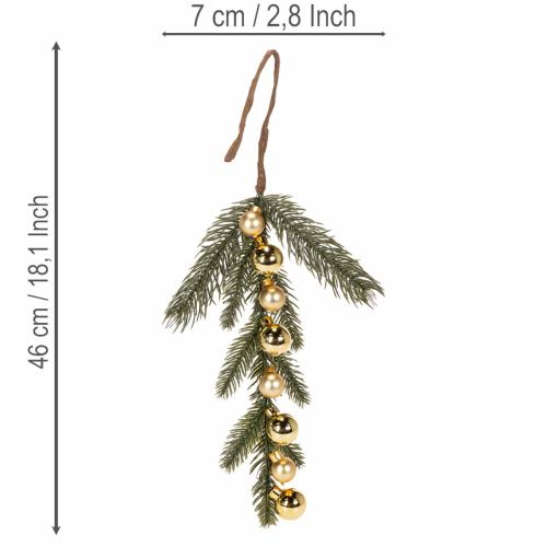 Artificial fir branch with gold-colored mini Christmas tree baubles, 46cm, 2 pieces | Floristik24.co.uk