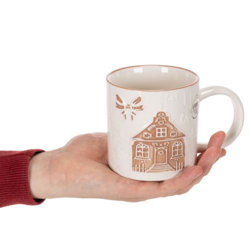 Ceramic Mug with House Design and Relief Pattern, 9cm, Beige and White | Floristik24.co.uk