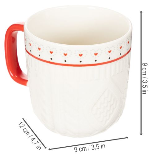 Ceramic Coffee Mug Set with Red Handle, Knit Pattern, and Heart Design, 9cm, 2pcs | Floristik24.co.uk